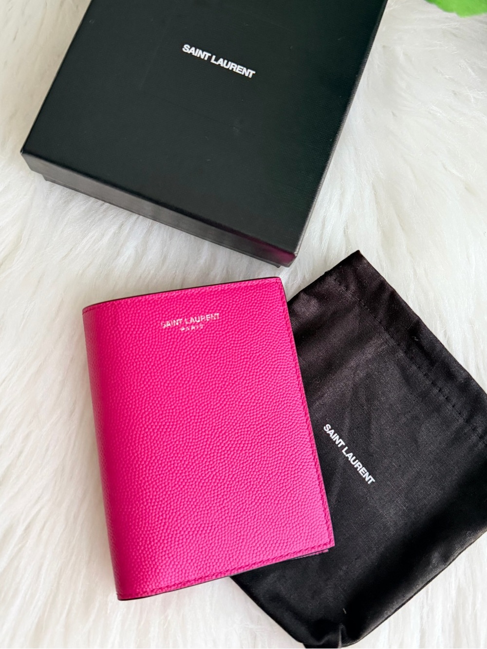 NEW✨Saint Laurent Grain De Poudre Leather Slim Bifold Wallet In Fuchsia Couture